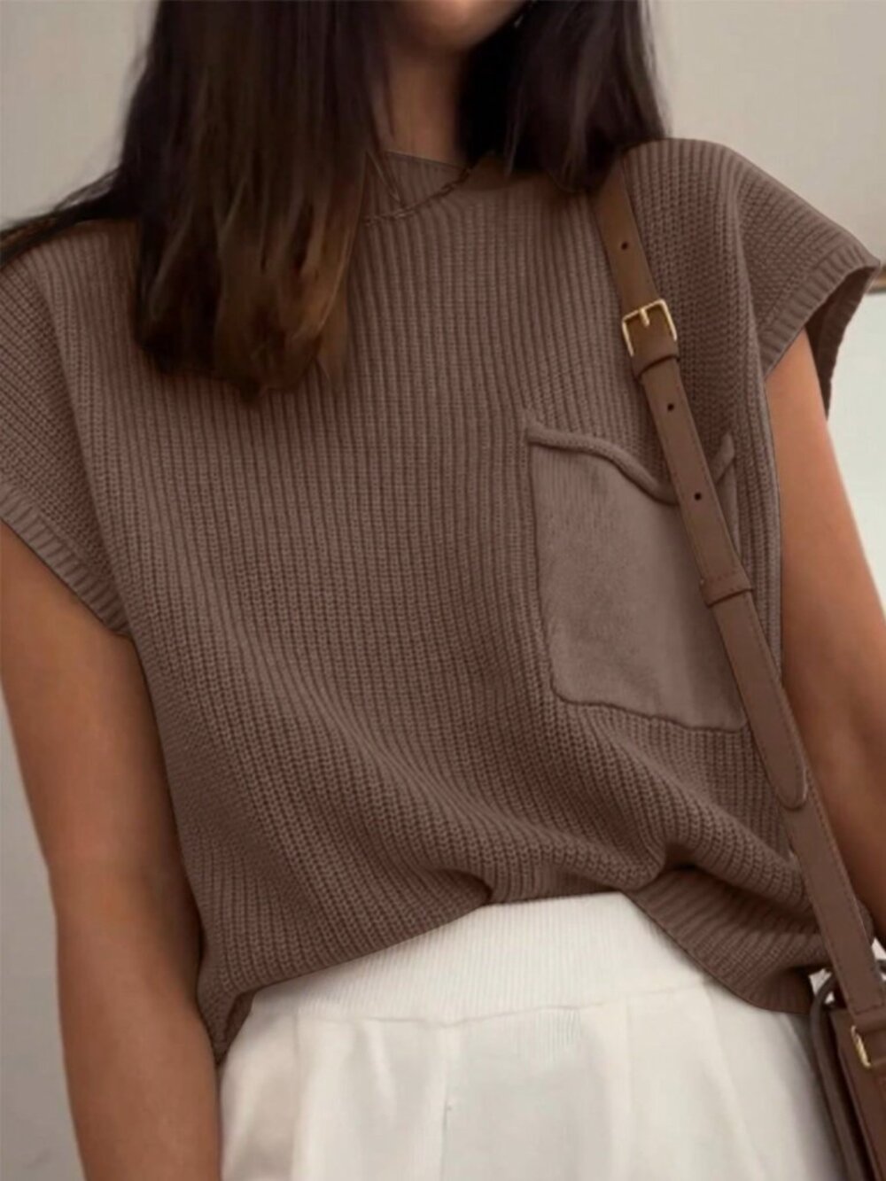 Khaki Casual Women's Cap Sleeve Pocket Knit Top - Picture 5 of 7